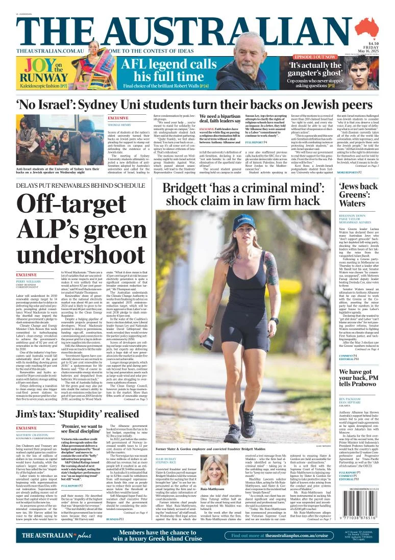 Portada de The Australian del viernes, 16 de mayo de 2025