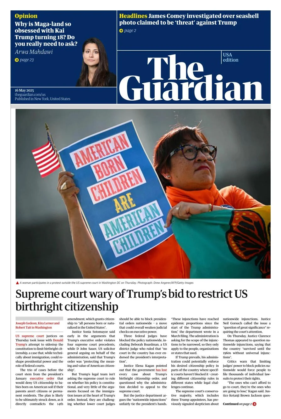 Portada de The Guardian (usa) del viernes, 16 de mayo de 2025