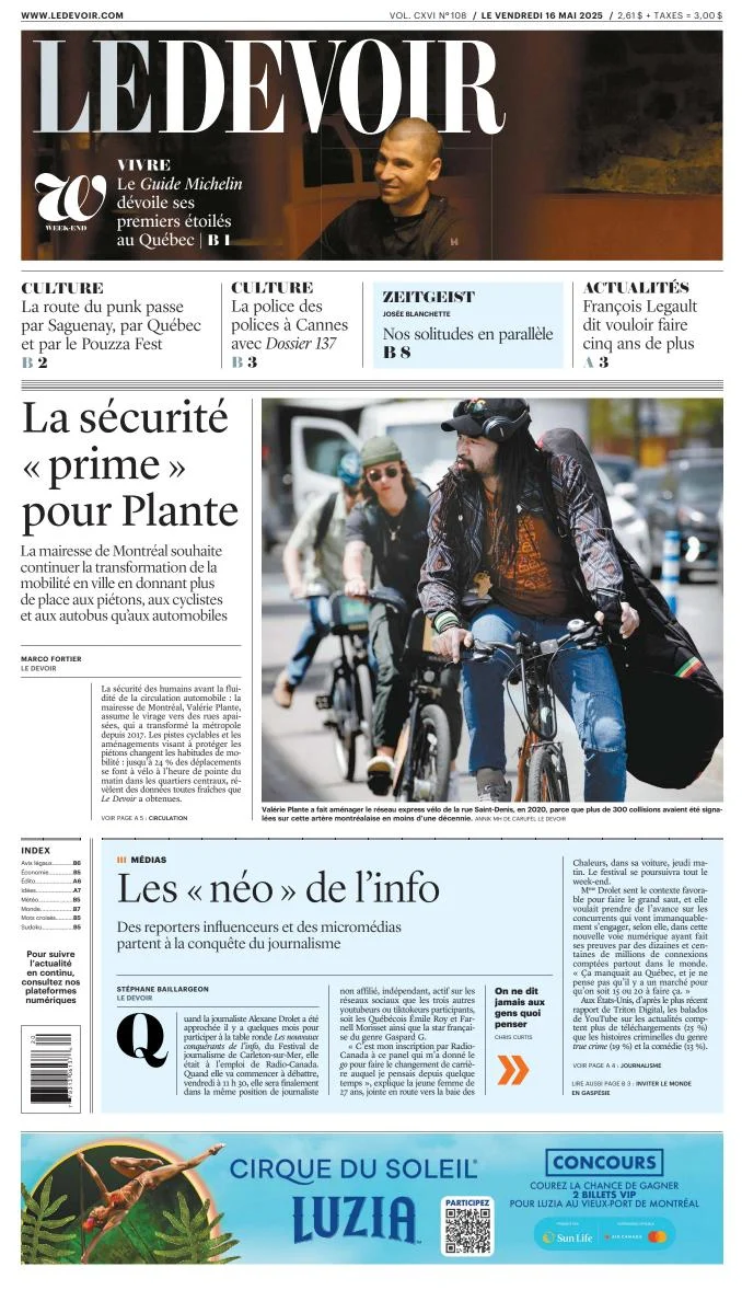Portada de Le Devoir del viernes, 16 de mayo de 2025