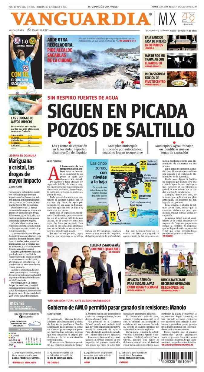 Portada de Vanguardia del viernes, 16 de mayo de 2025