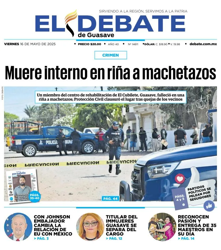 Portada de El Debate de Guasave del viernes, 16 de mayo de 2025