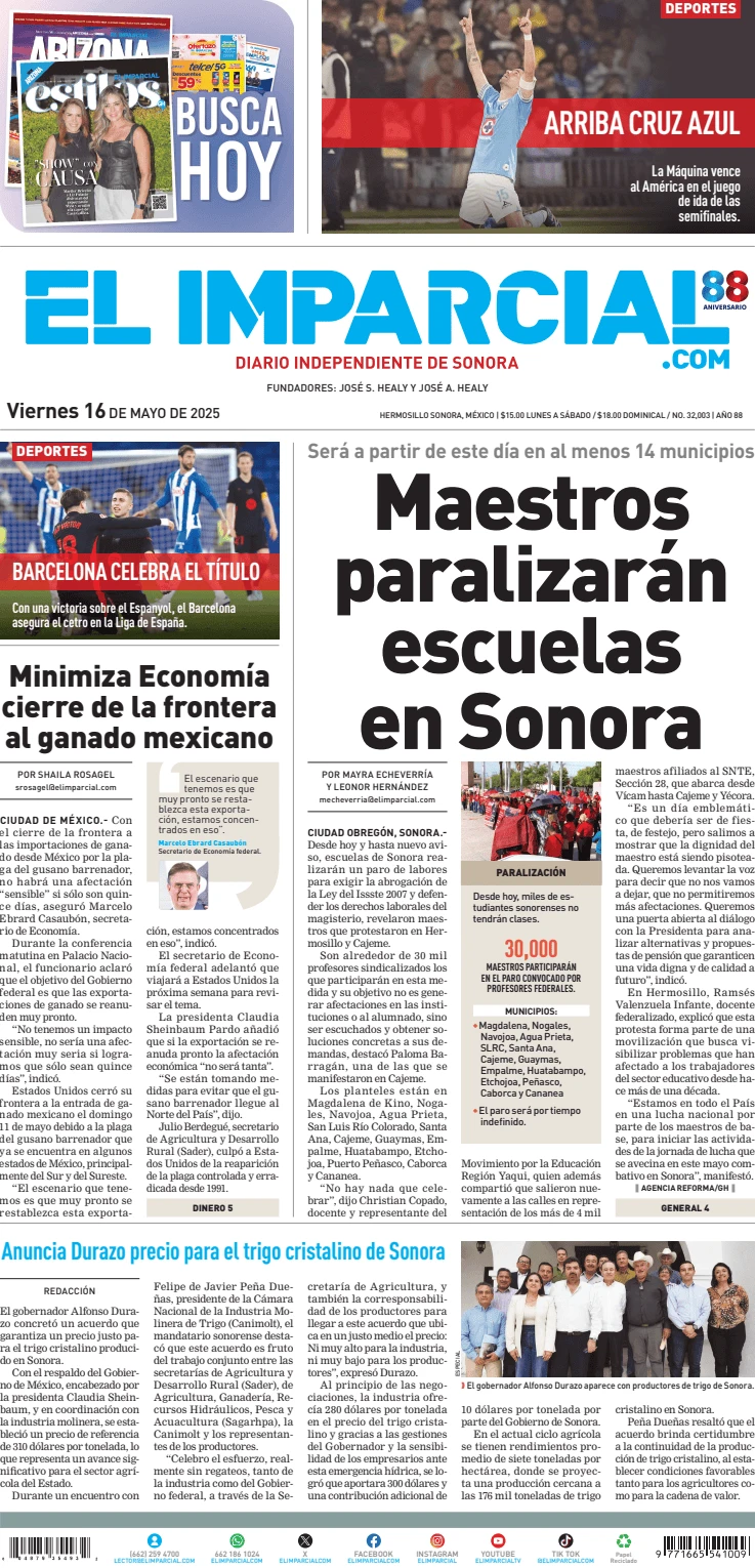 Portada de El Imparcial del viernes, 16 de mayo de 2025