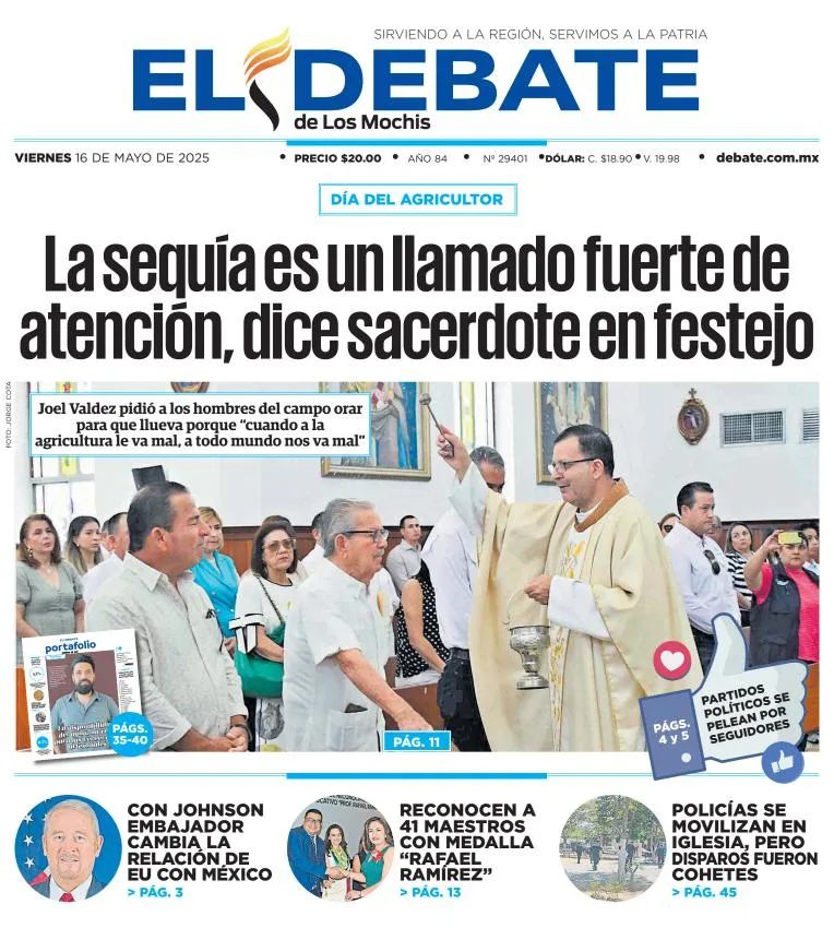 Portada de El Debate de los Mochis del viernes, 16 de mayo de 2025