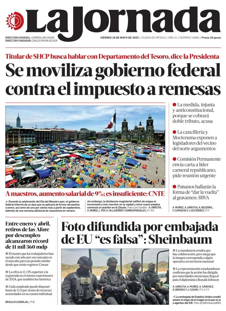 Portada de La Jornada del viernes, 16 de mayo de 2025