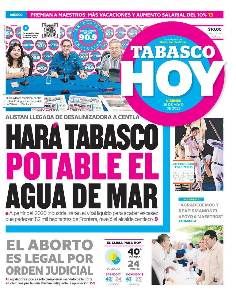 Portada de Tabasco Hoy del viernes, 16 de mayo de 2025