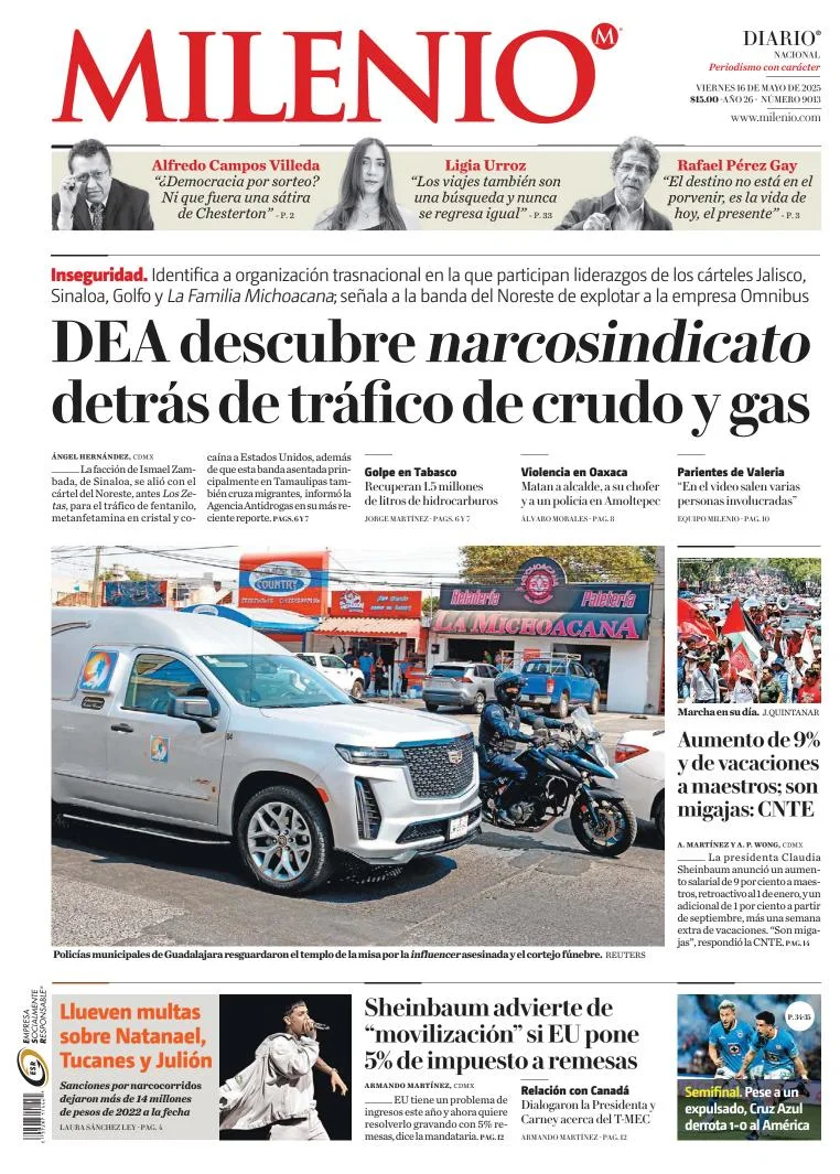 Portada de Milenio del viernes, 16 de mayo de 2025