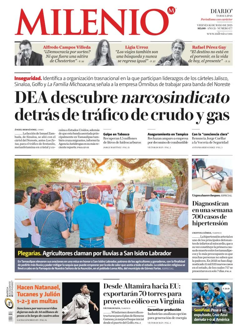 Portada de Milenio Tamaulipas del viernes, 16 de mayo de 2025