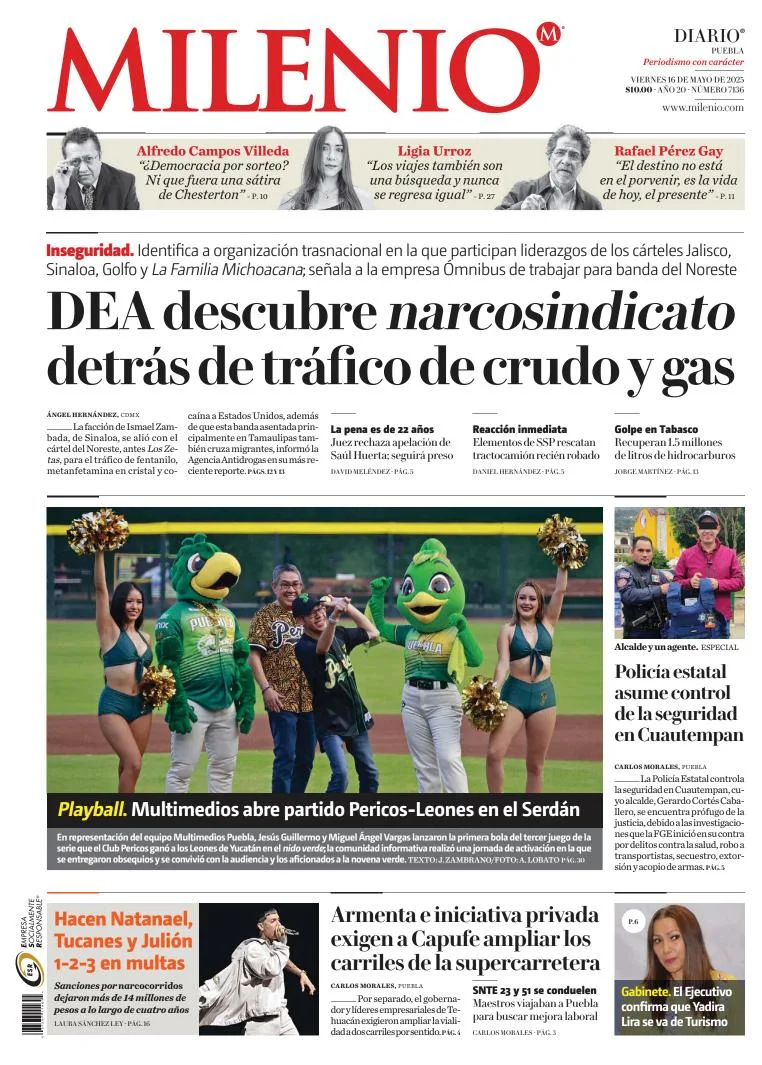 Portada de Milenio Puebla del viernes, 16 de mayo de 2025