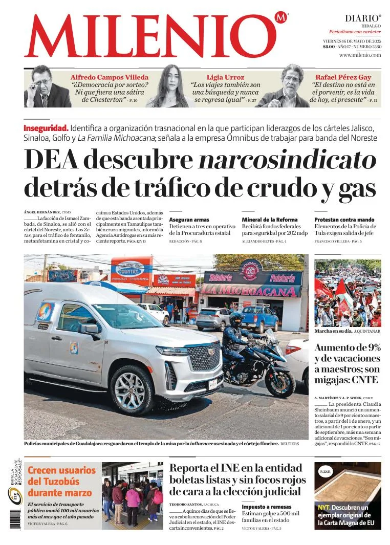 Portada de Milenio Hidalgo del viernes, 16 de mayo de 2025