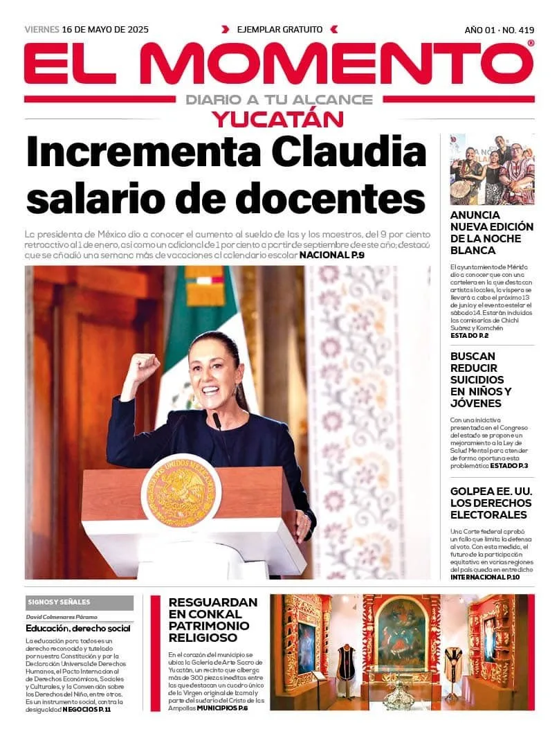 Portada de El Momento Yucatan del viernes, 16 de mayo de 2025