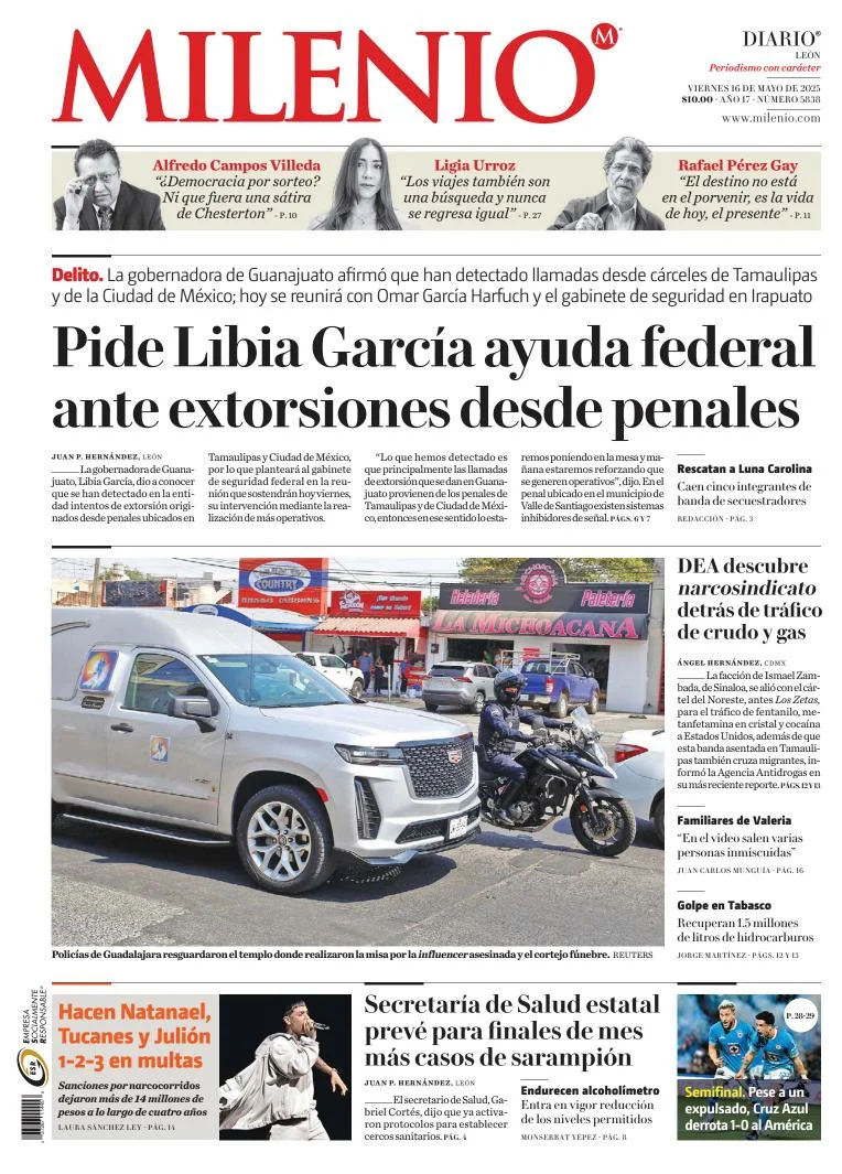 Portada de Milenio Leon del viernes, 16 de mayo de 2025