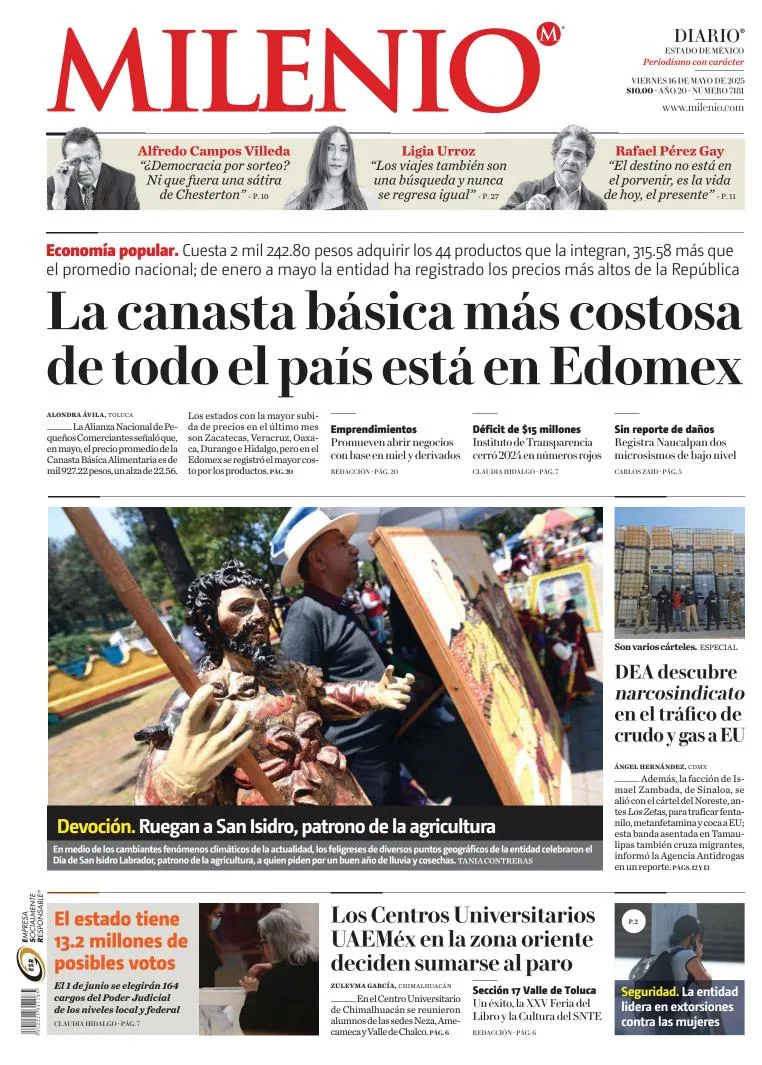 Portada de Milenio Edo de Mexico del viernes, 16 de mayo de 2025