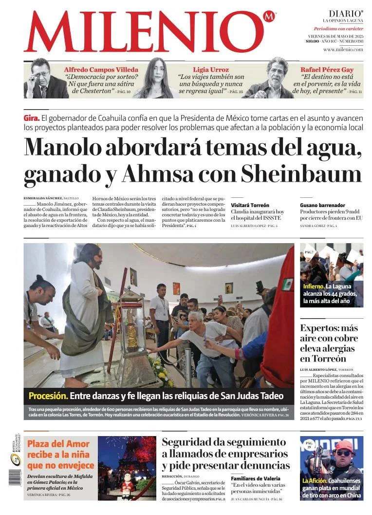 Portada de Milenio Laguna del viernes, 16 de mayo de 2025