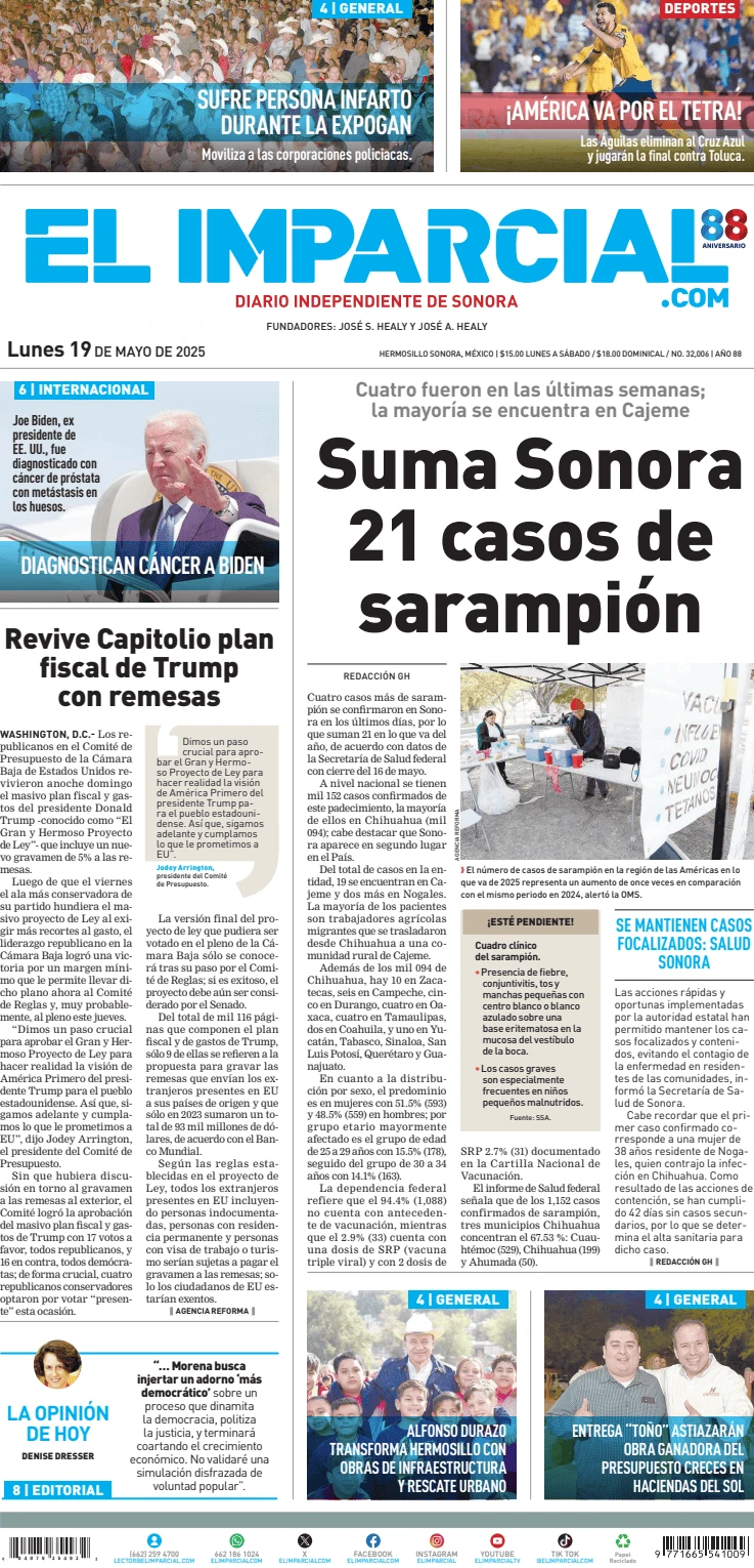 Portada de El Imparcial del lunes, 19 de mayo de 2025
