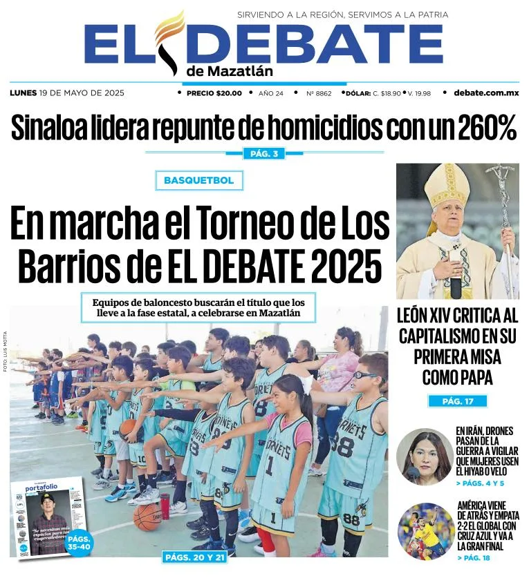 Portada de El Debate de Mazatlan del lunes, 19 de mayo de 2025