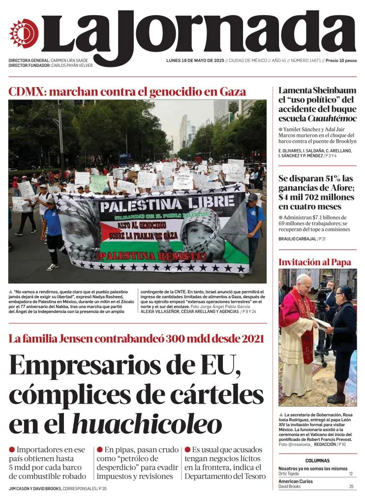 Portada de La Jornada del lunes, 19 de mayo de 2025