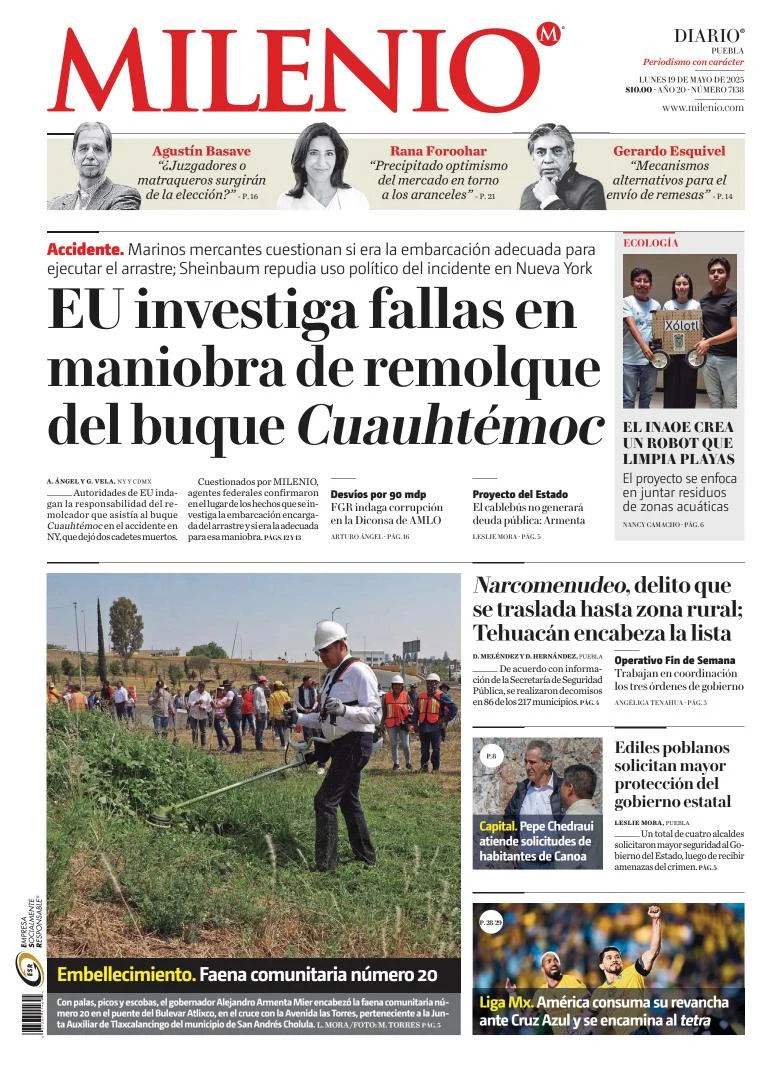 Portada de Milenio Puebla del lunes, 19 de mayo de 2025