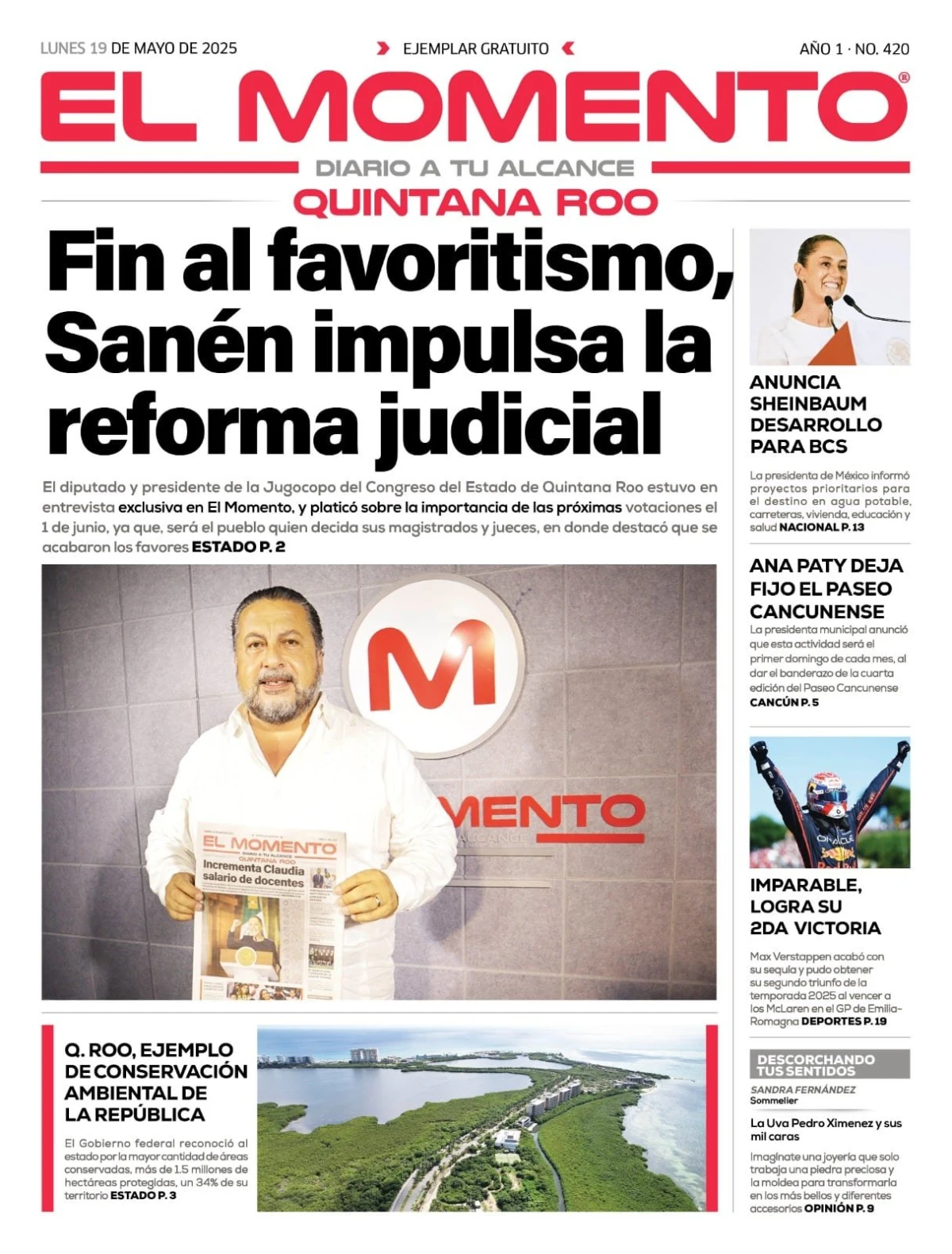 Portada de El Momento Quintana Roo del lunes, 19 de mayo de 2025
