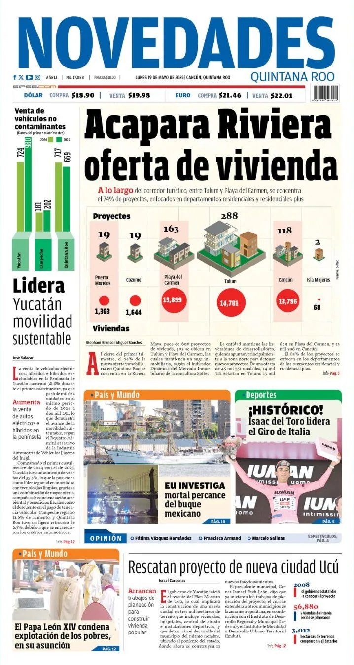 Portada de Novedades Quintana Roo del lunes, 19 de mayo de 2025