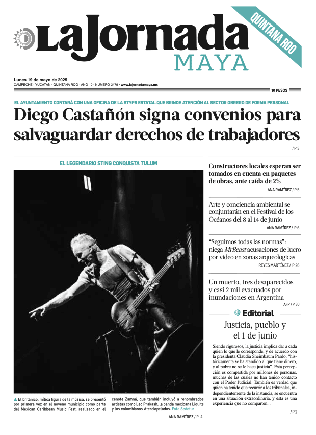Portada de La Jornada Maya Quintana Roo del lunes, 19 de mayo de 2025