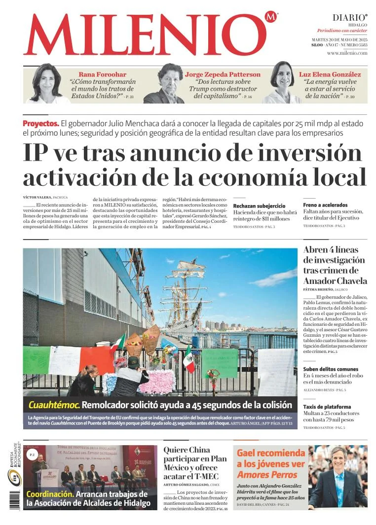 Portada de Milenio Hidalgo del martes, 20 de mayo de 2025