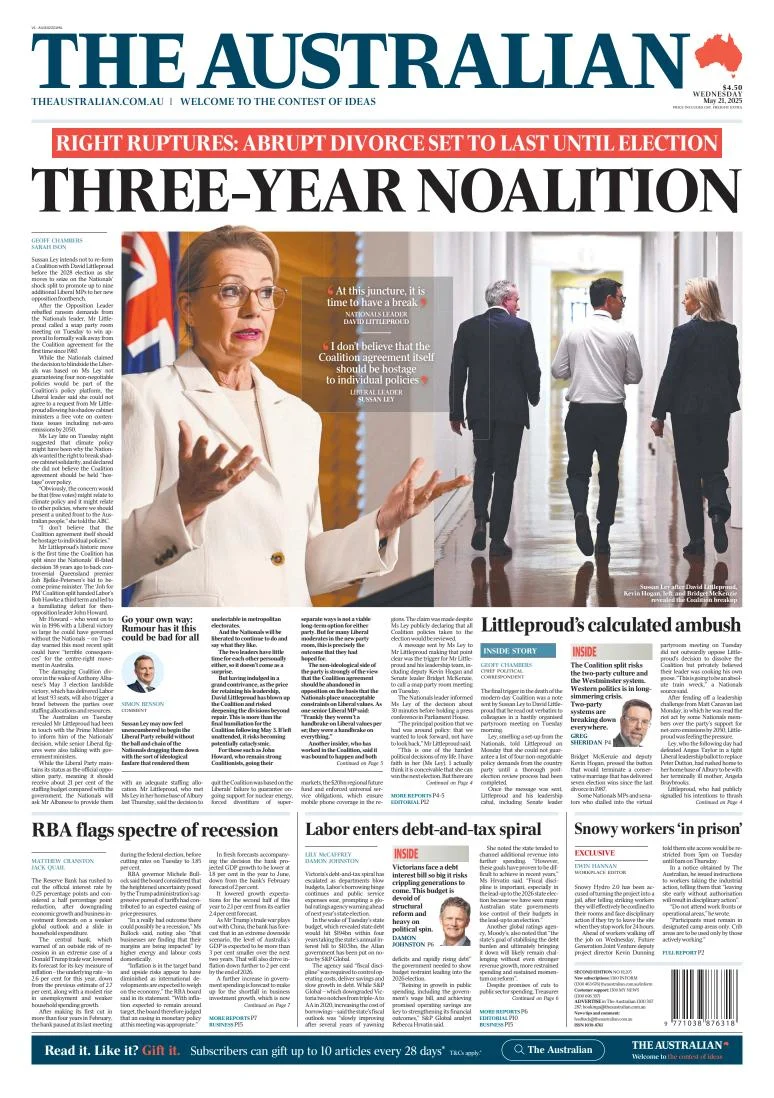 Portada de The Australian del miércoles, 21 de mayo de 2025