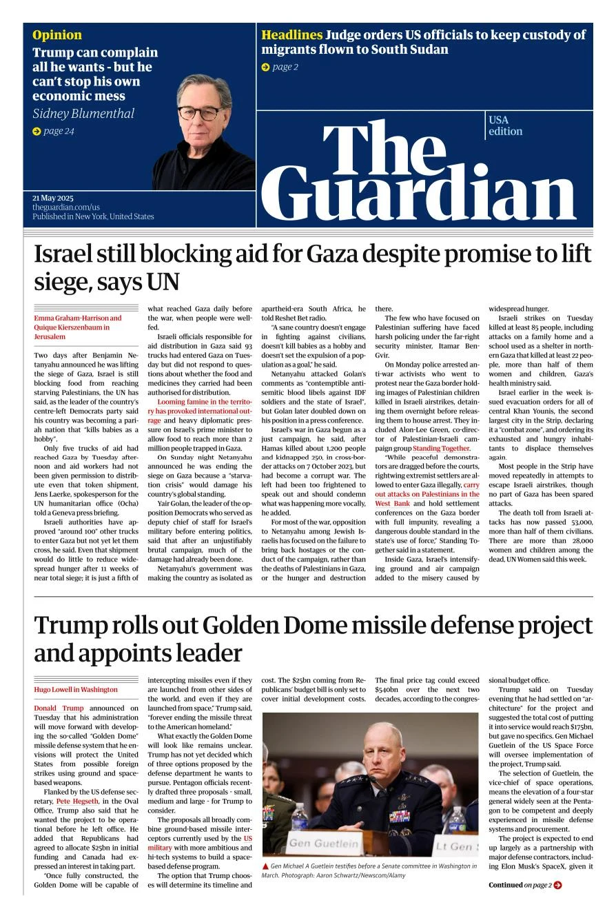 Portada de The Guardian (usa) del miércoles, 21 de mayo de 2025