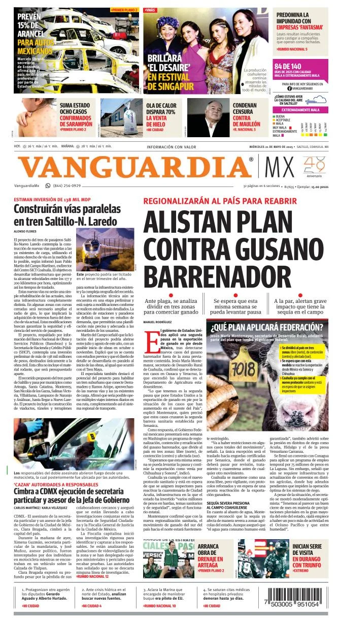 Portada de Vanguardia del miércoles, 21 de mayo de 2025