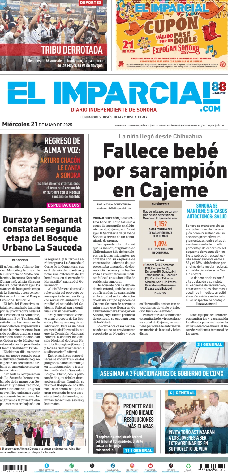 Portada de El Imparcial del miércoles, 21 de mayo de 2025