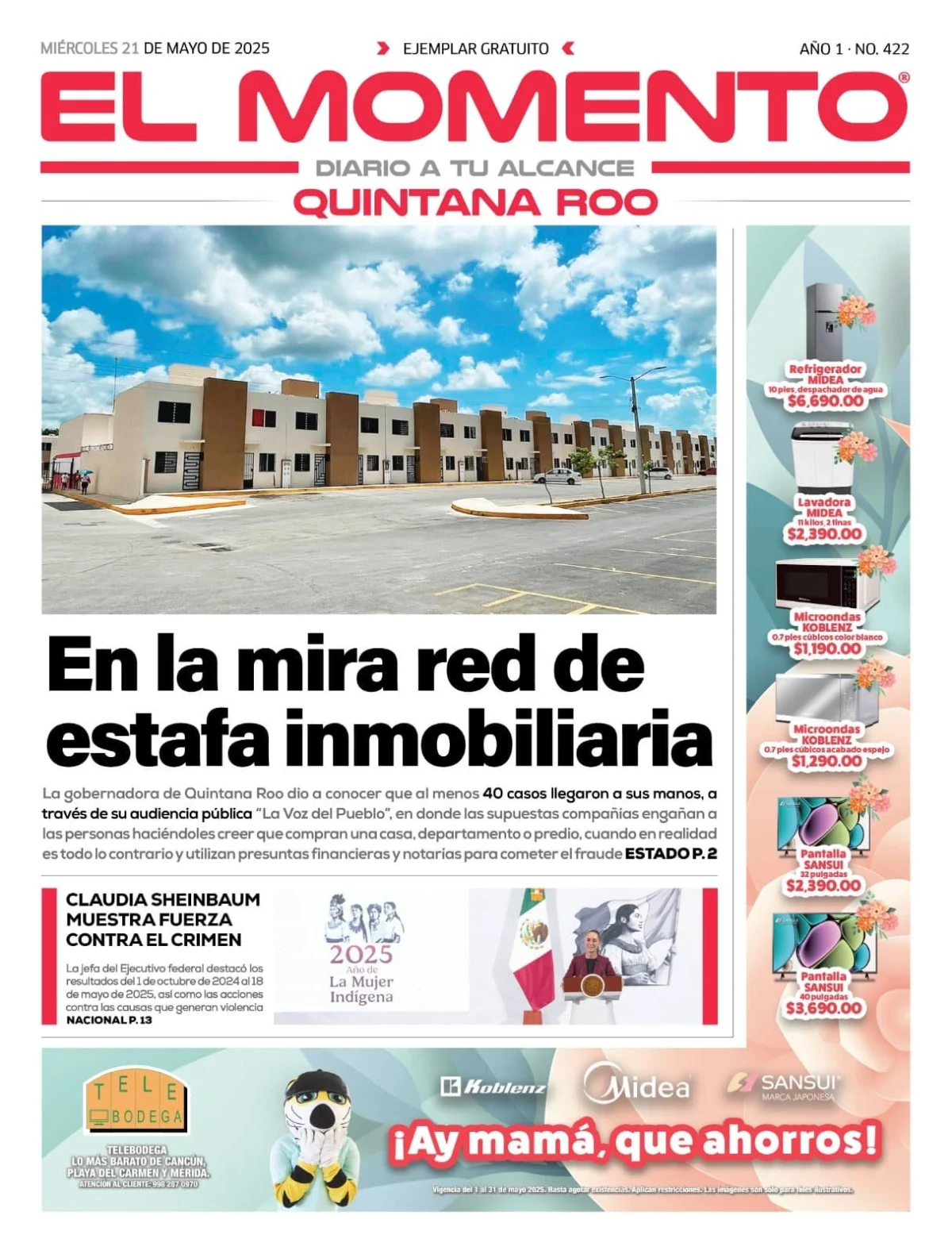 Portada de El Momento Quintana Roo del miércoles, 21 de mayo de 2025