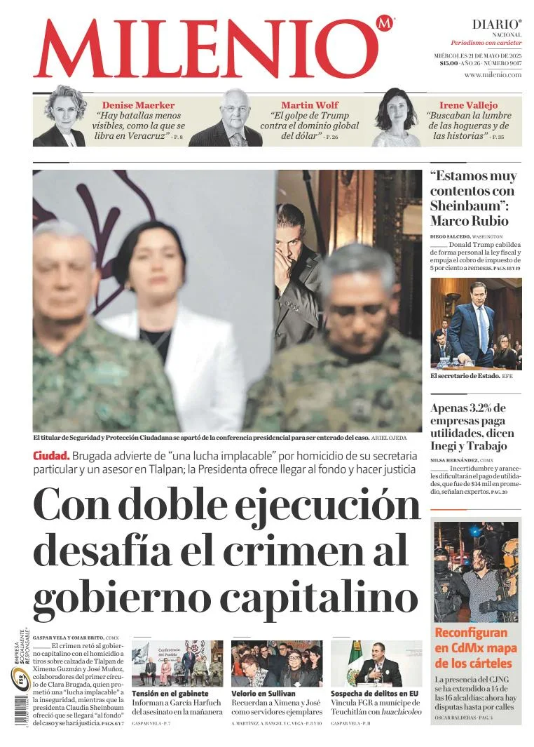 Portada de Milenio del miércoles, 21 de mayo de 2025