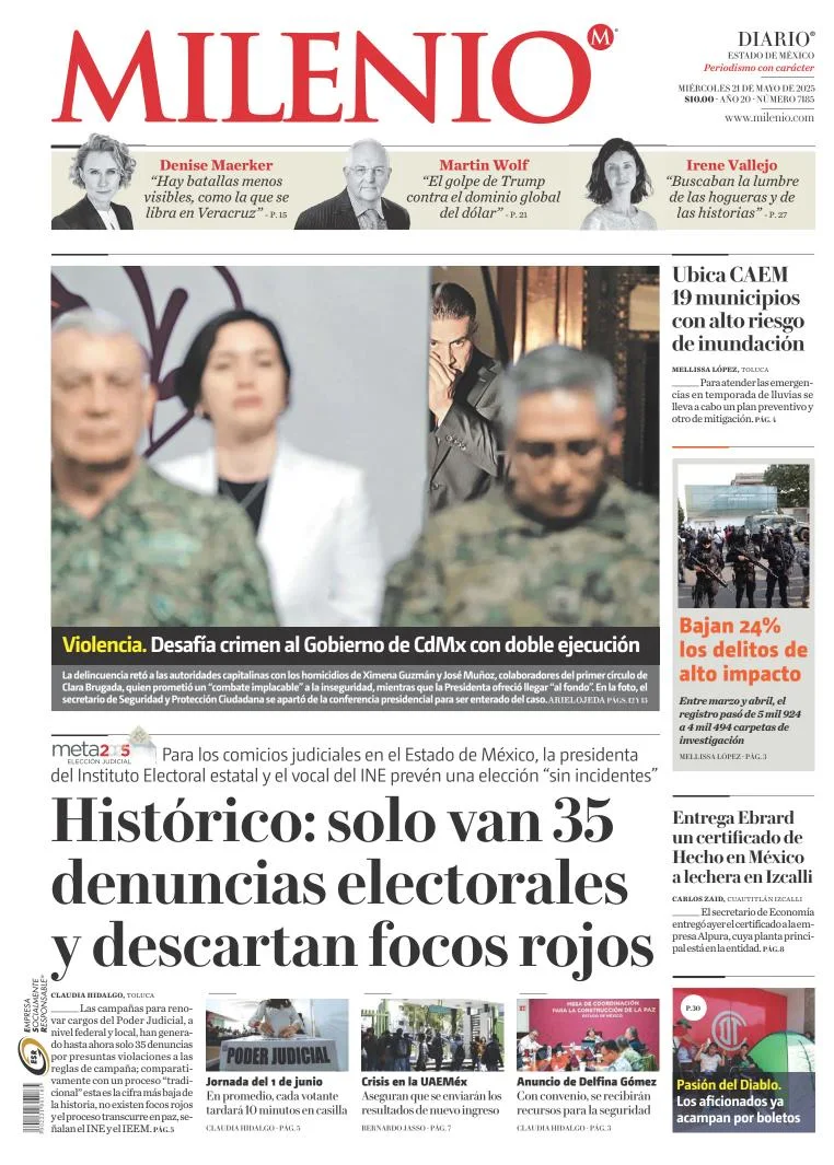 Portada de Milenio Edo de Mexico del miércoles, 21 de mayo de 2025