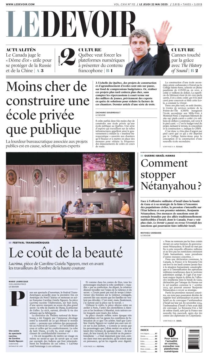 Portada de Le Devoir del jueves, 22 de mayo de 2025