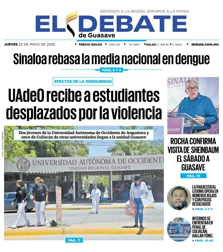 Portada de El Debate de Guasave del jueves, 22 de mayo de 2025