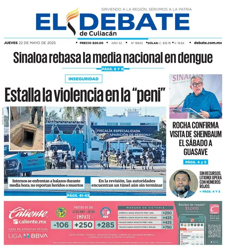 Portada de El Debate de Culiacan del jueves, 22 de mayo de 2025