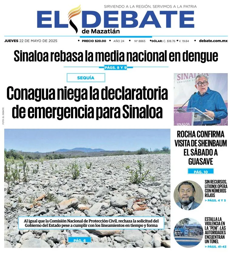 Portada de El Debate de Mazatlan del jueves, 22 de mayo de 2025