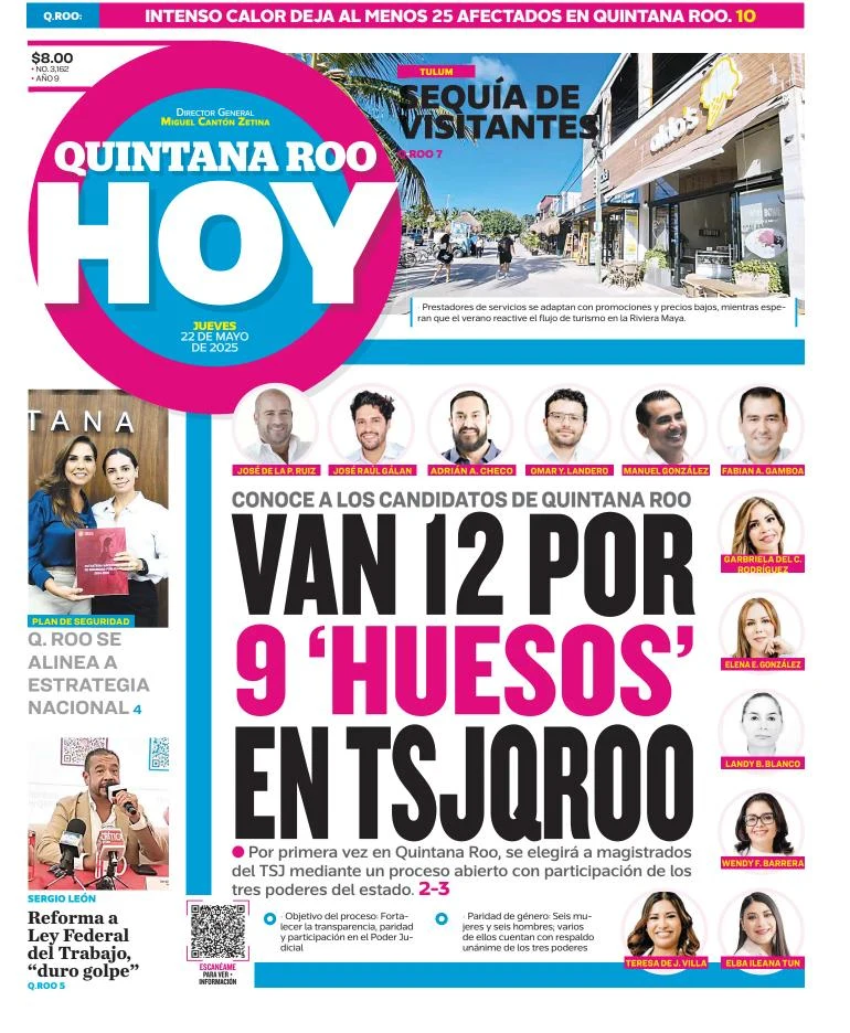 Portada de Quintana Roo Hoy del jueves, 22 de mayo de 2025
