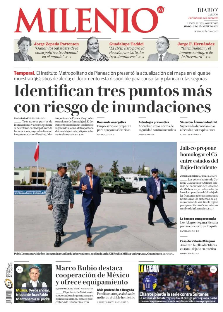 Portada de Milenio Jalisco del jueves, 22 de mayo de 2025