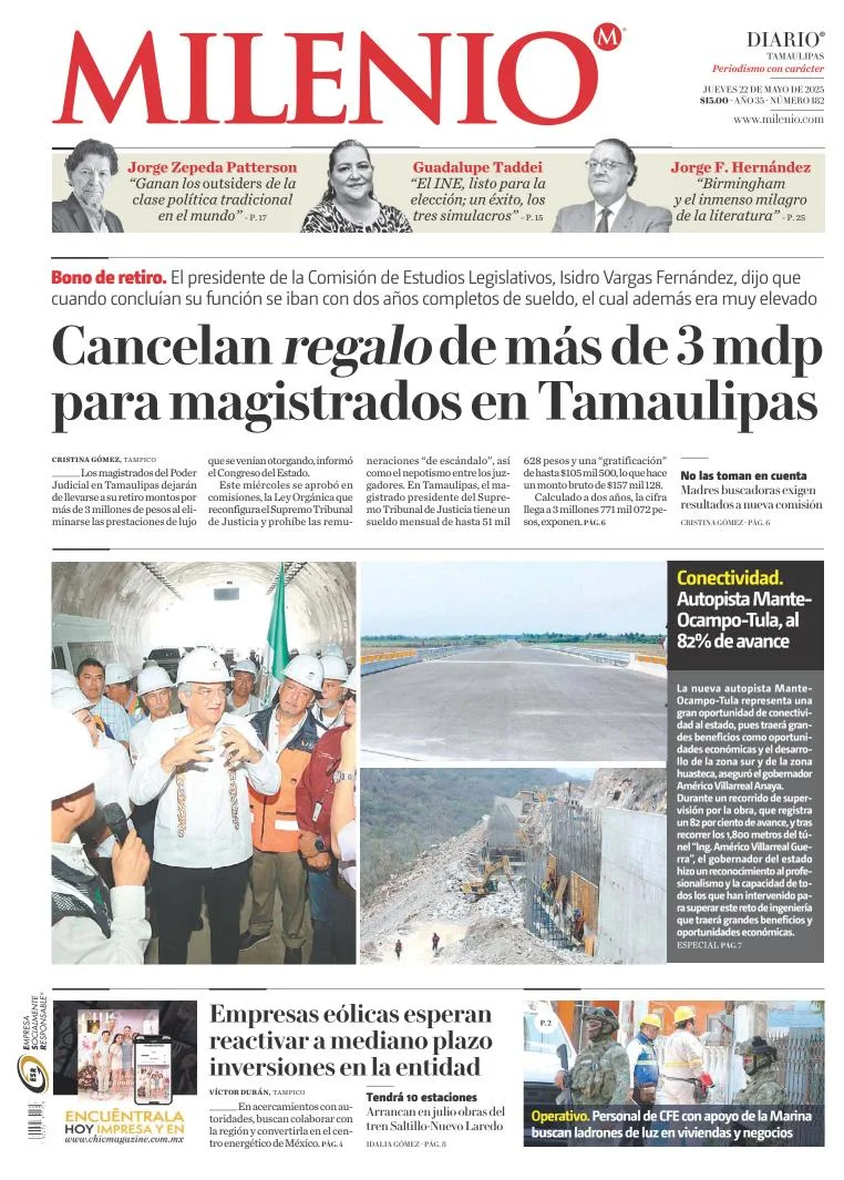 Portada de Milenio Tamaulipas del jueves, 22 de mayo de 2025