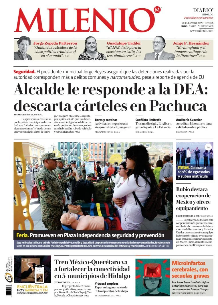 Portada de Milenio Hidalgo del jueves, 22 de mayo de 2025
