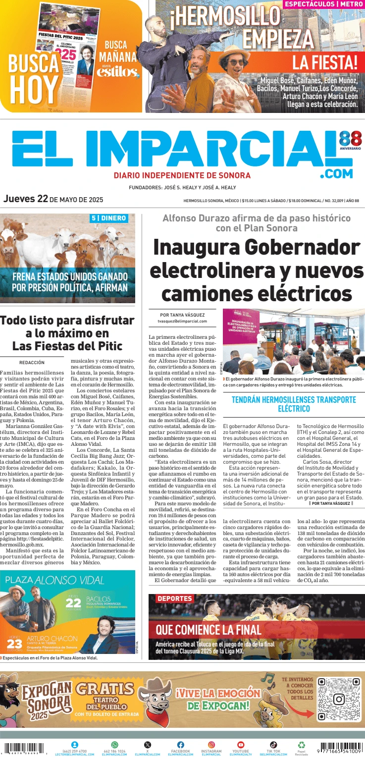 Portada de El Imparcial del jueves, 22 de mayo de 2025