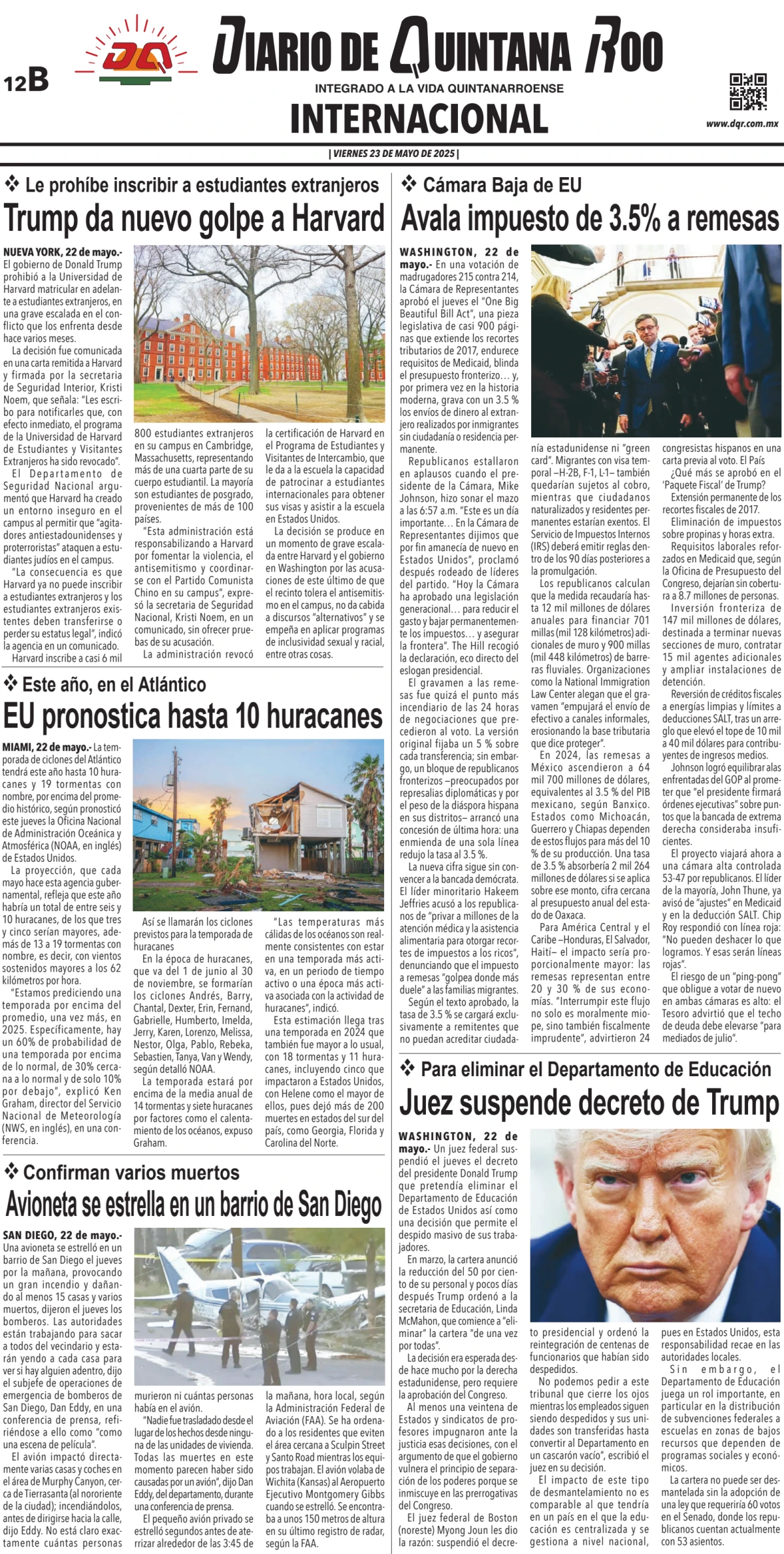 Portada de Diario de Quintana Roo (contra Portada)