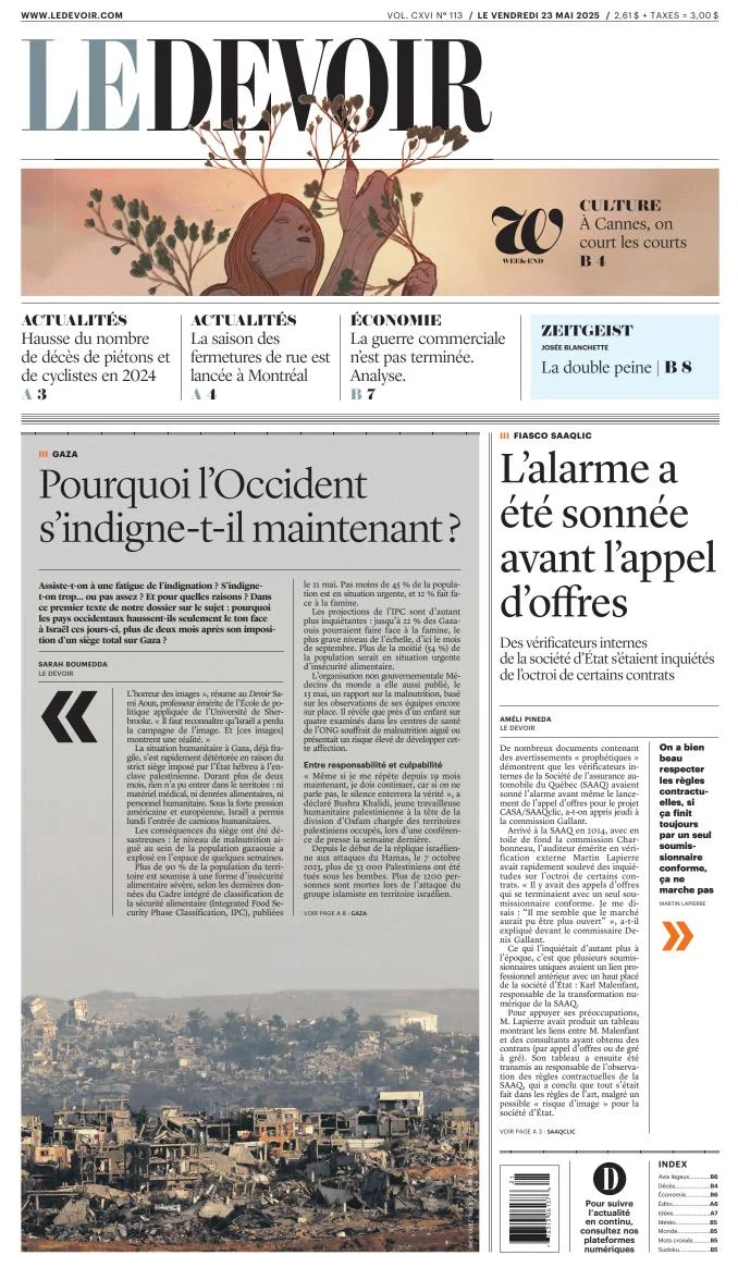 Portada de Le Devoir del viernes, 23 de mayo de 2025