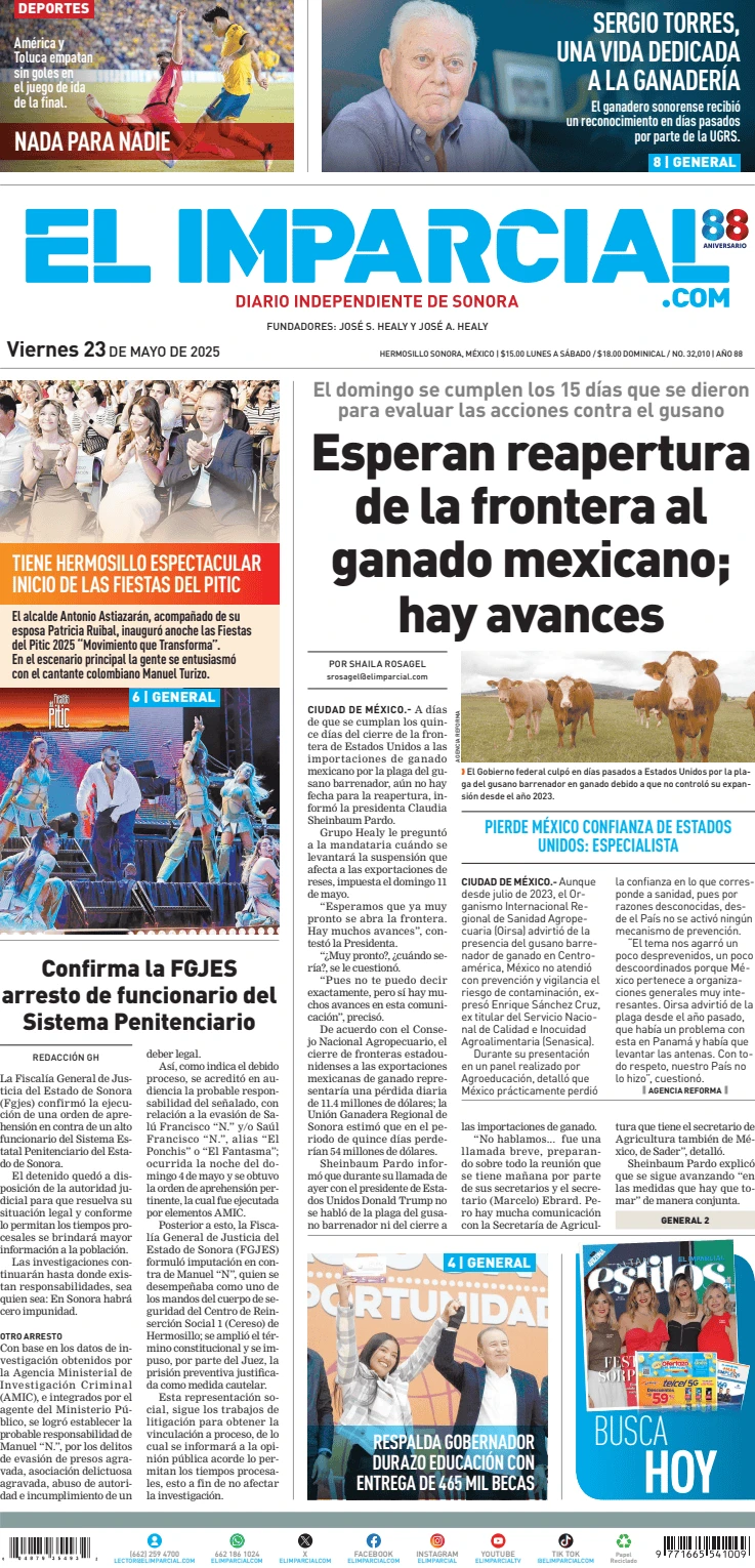 Portada de El Imparcial del viernes, 23 de mayo de 2025