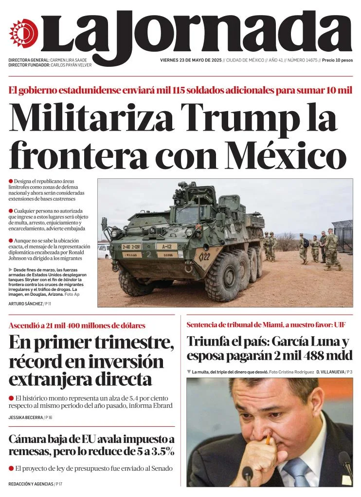 Portada de La Jornada del viernes, 23 de mayo de 2025