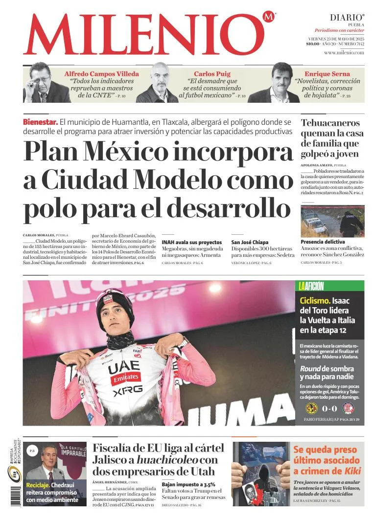 Portada de Milenio Puebla del viernes, 23 de mayo de 2025