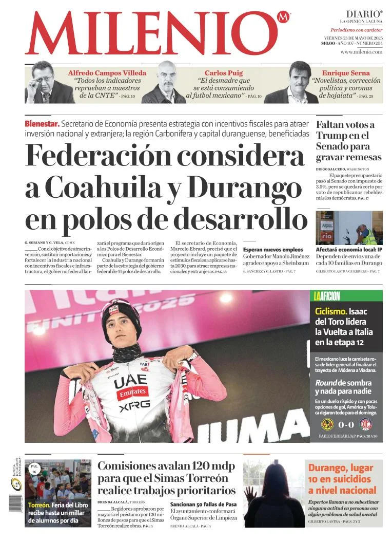 Portada de Milenio Laguna del viernes, 23 de mayo de 2025