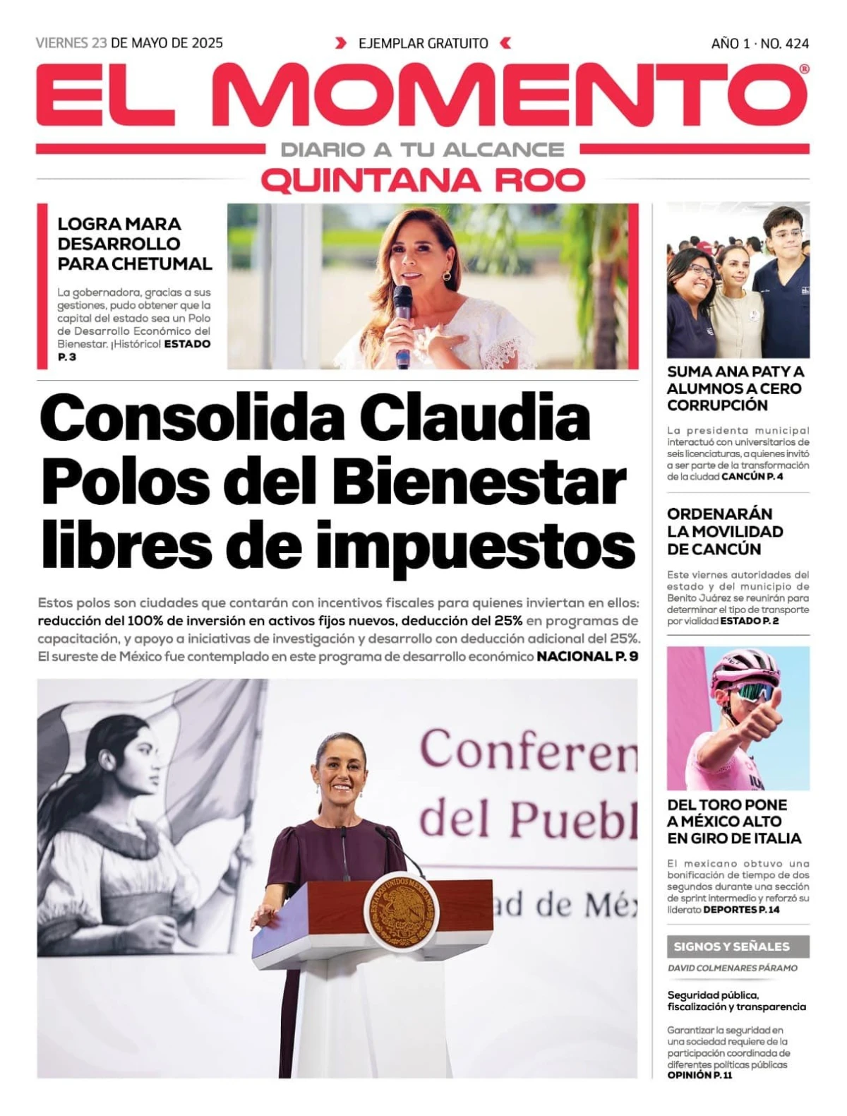 Portada de El Momento Quintana Roo del viernes, 23 de mayo de 2025