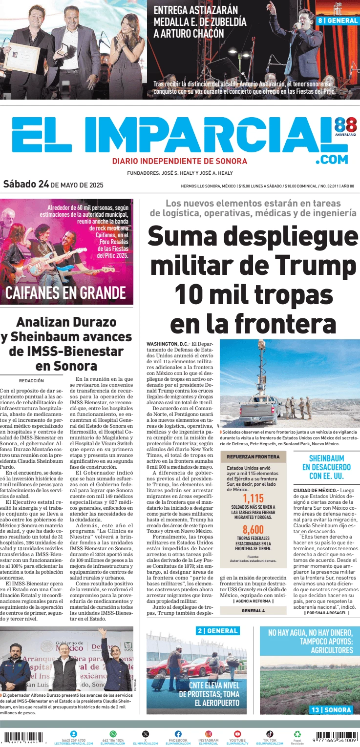 Portada de El Imparcial del sábado, 24 de mayo de 2025