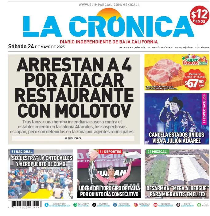 Portada de La Cronica del sábado, 24 de mayo de 2025